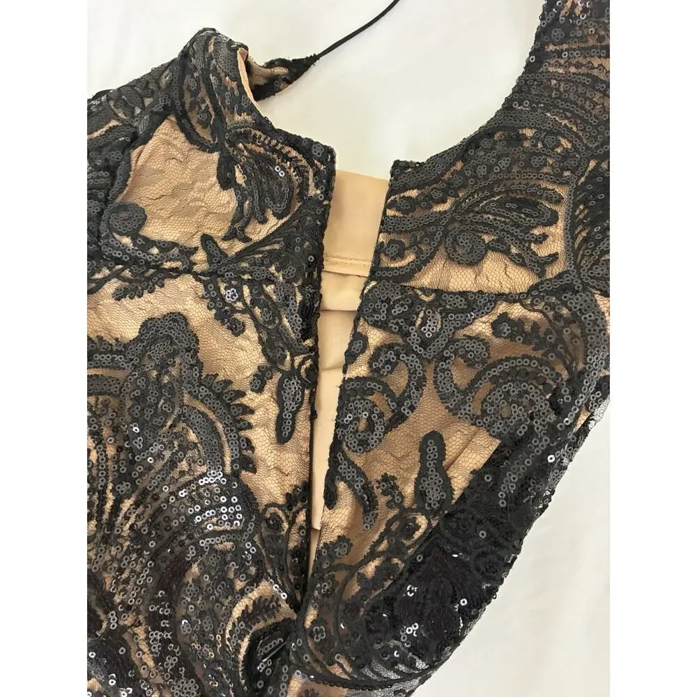 Free People Night Shimmers Sequin Mini Dress - Black Lace & Nude Slip Size 8